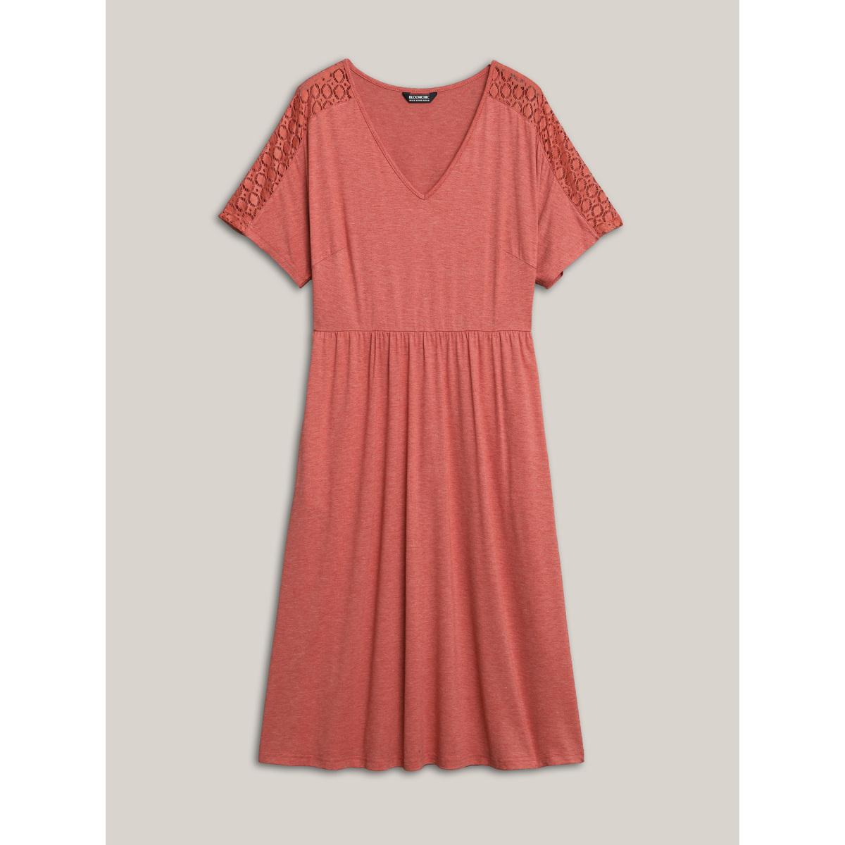 Plus Size V-Neck Sheer Lace Pockets Midi Dress OrangeRed Women Casual Woven ribbon&lace trim V-neck Short sleeve Curvy BloomChic 18-20/2X Product Image