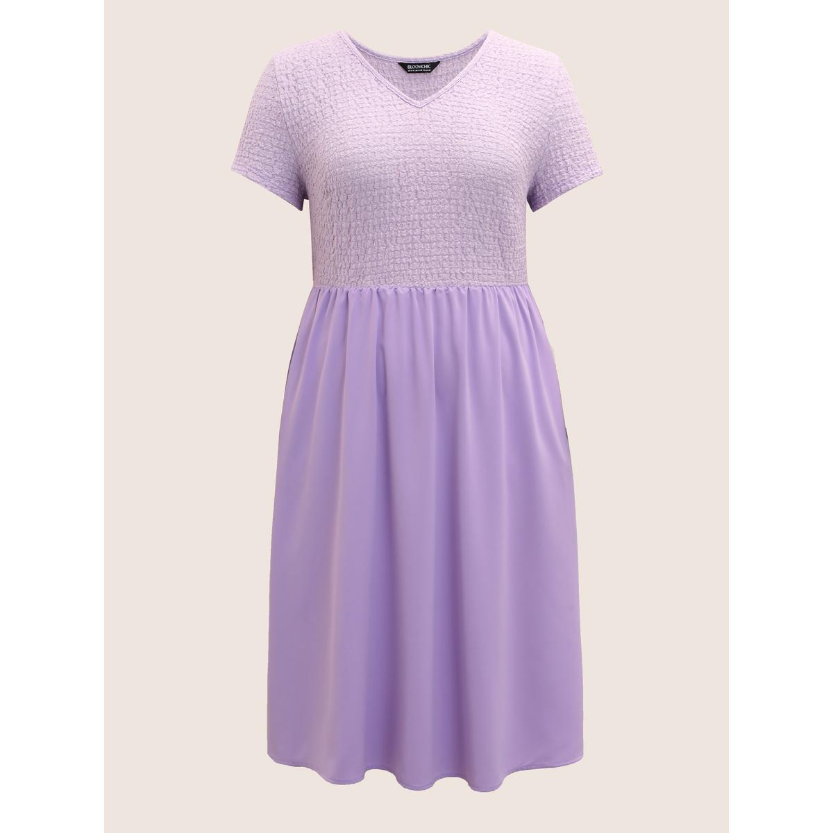 Plus Size V Neck Solid Textured Patchwork Midi Dress Lilac Women Casual Texture V-neck Short sleeve Curvy BloomChic 22-24/3X Product Image