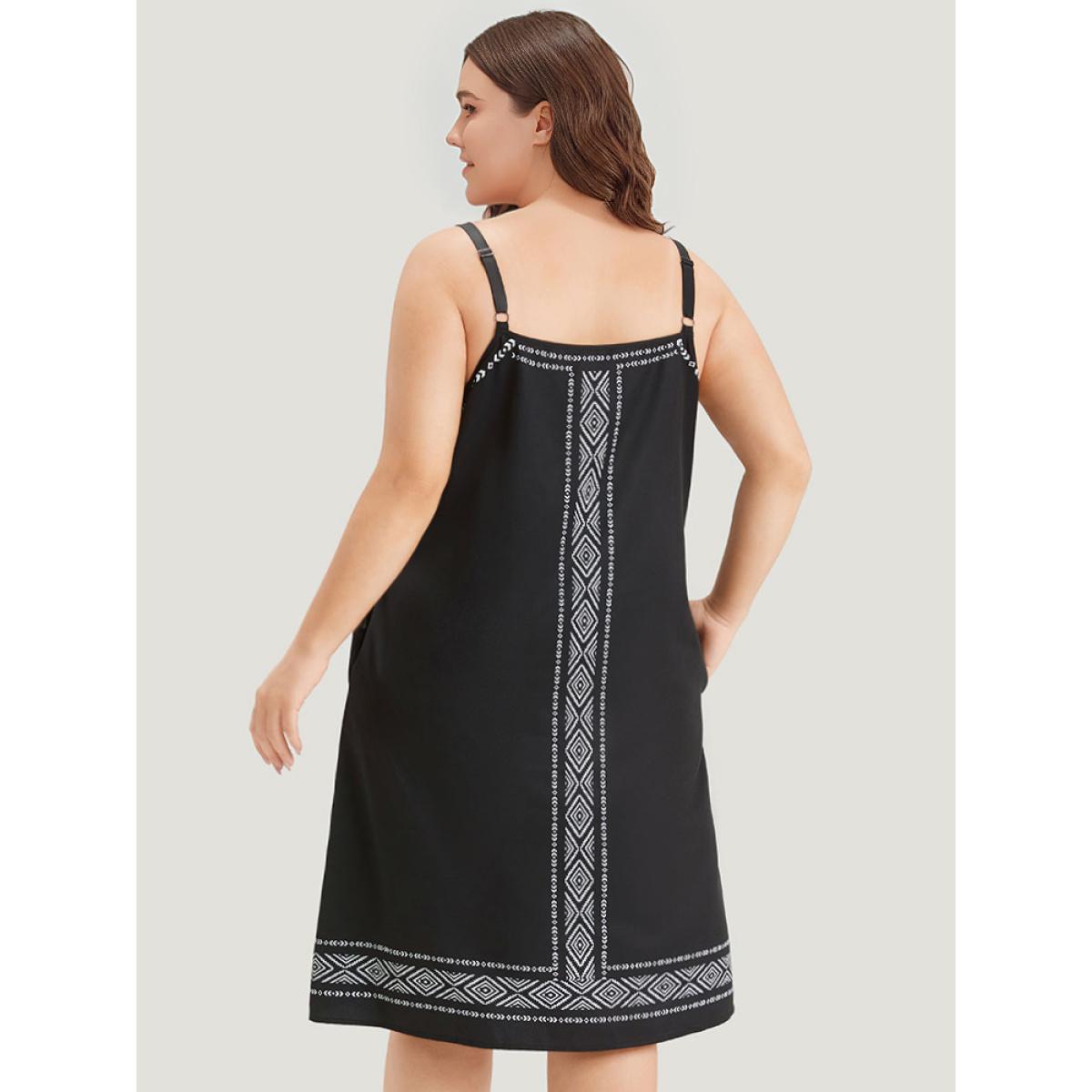 Plus Size Boho Print Pocket Cami Knee Dress Black Women Vacation Printed Spaghetti Strap Sleeveless Curvy Knee Dress BloomChic 10/M Product Image