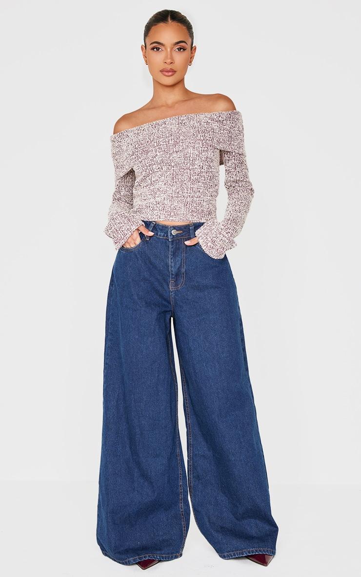 Burgundy Boucle Fold Over Bardot Long Sleeve Top Product Image