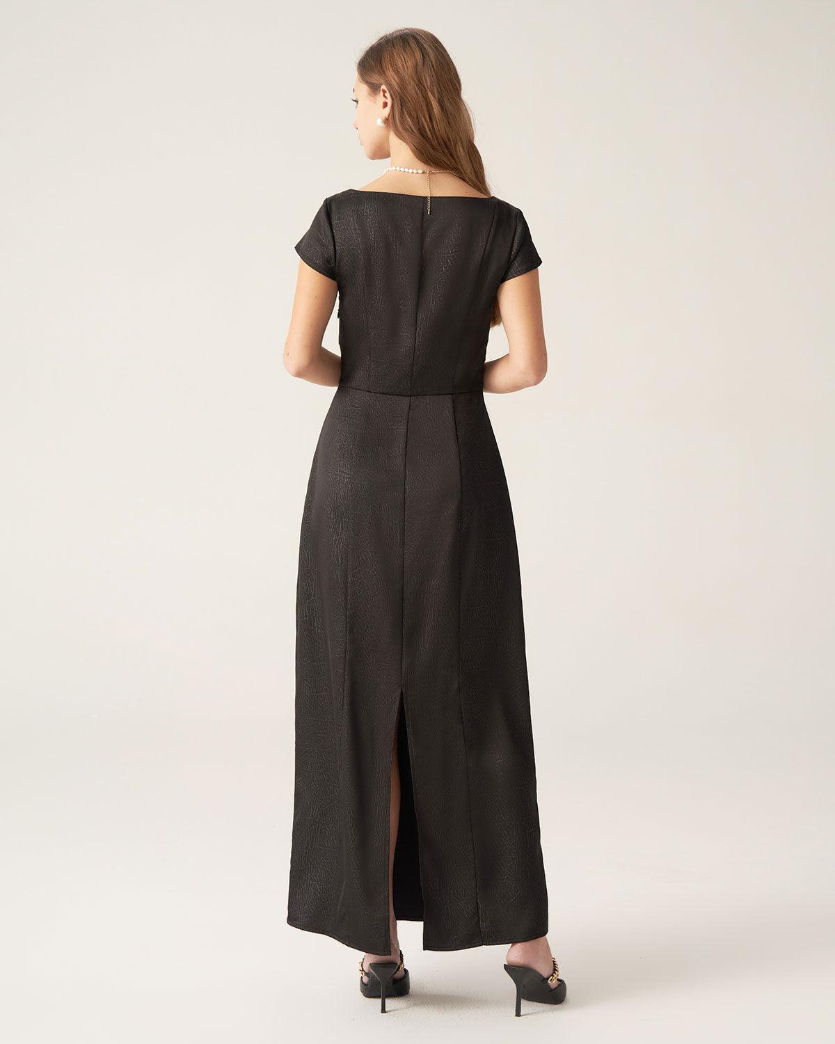 Black Square Neck Cap Sleeve Maxi Dress Product Image