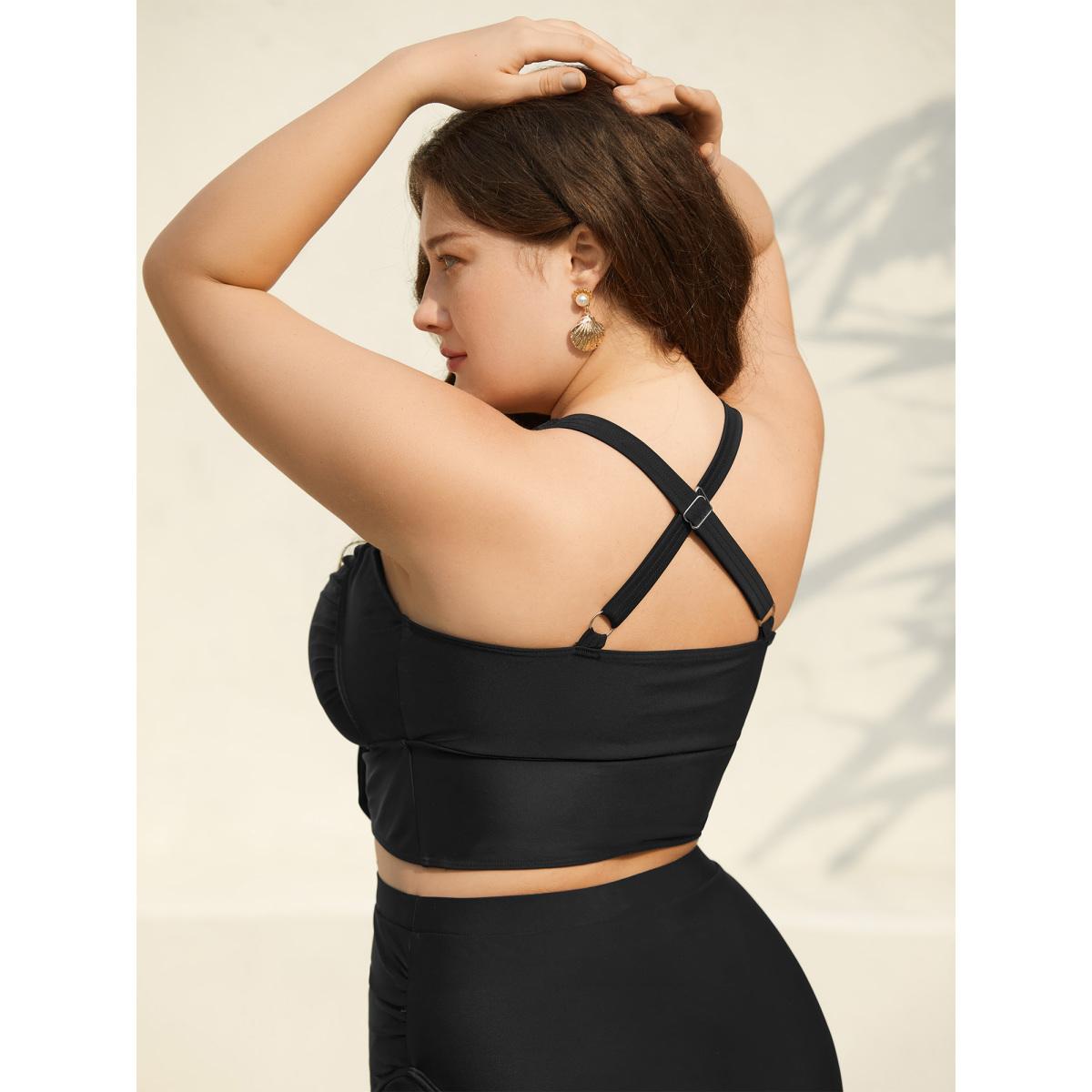 Plus Size Bow-Tie Adjustable Front Ruched Swim Top Women's Swimwear Black Beach Gathered High stretch Skinny Heart neckline Curve Swim Tops BloomChic 30/6X Product Image