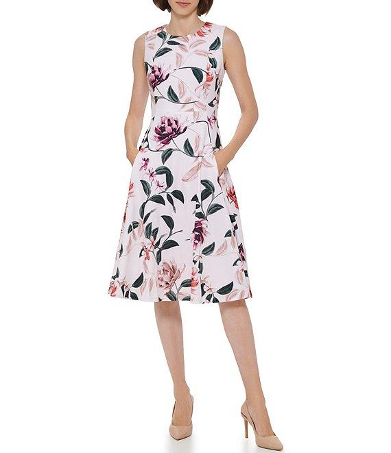 Calvin Klein Scuba Crepe Crew Neck Sleeveless Floral A-Line Dress Product Image