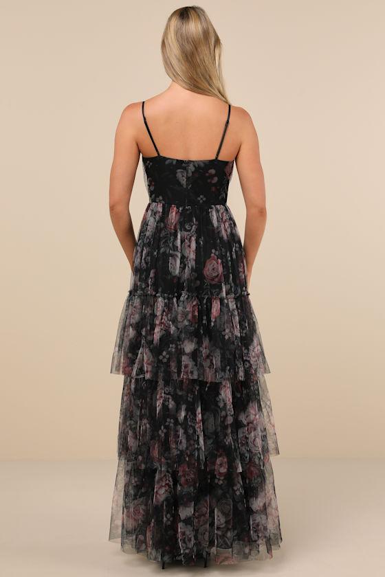 Wonderfully Perfect Black Floral Mesh Tiered Maxi Dress Product Image