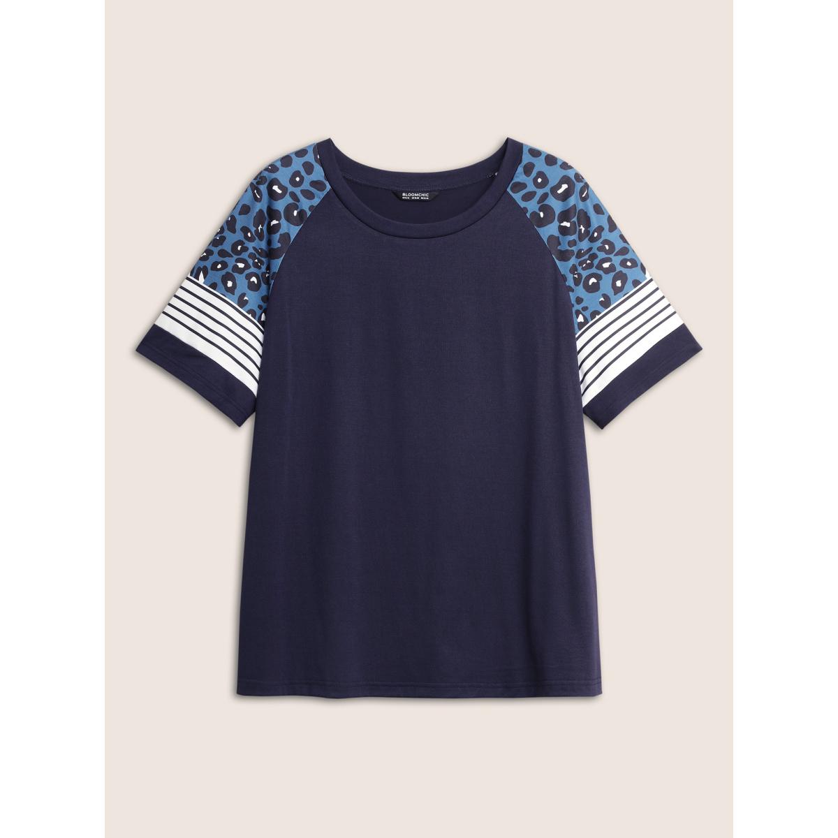 Plus Size Stripes Leopard Patchwork Raglan Sleeve T-shirt Midnight Women Casual Contrast Round Neck Everyday T-shirts BloomChic 26/4X Product Image