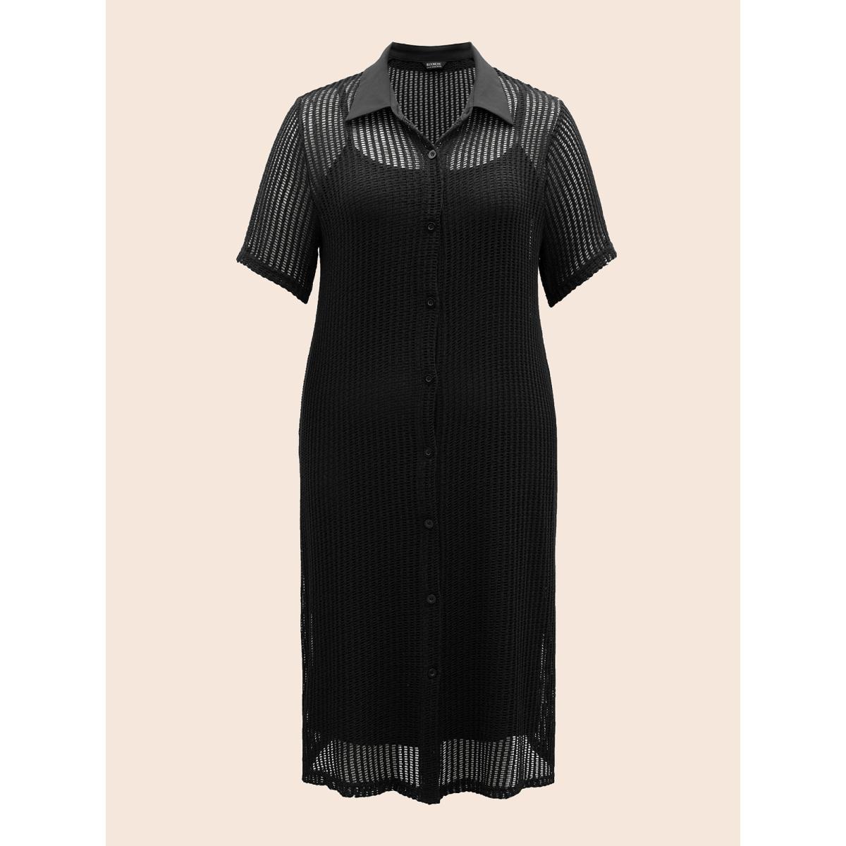 Plus Size Shirt Collar Button Up Midi Dress Black Women Casual Texture Shirt collar Short sleeve Curvy BloomChic 18-20/2X Product Image
