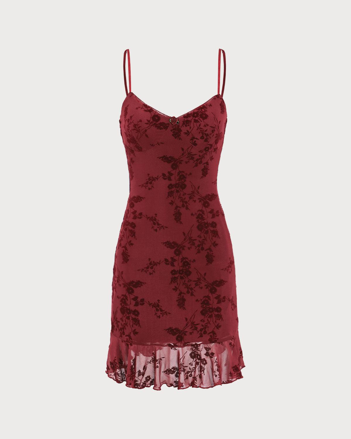 Red Floral Mesh Slip Mini Dress Product Image