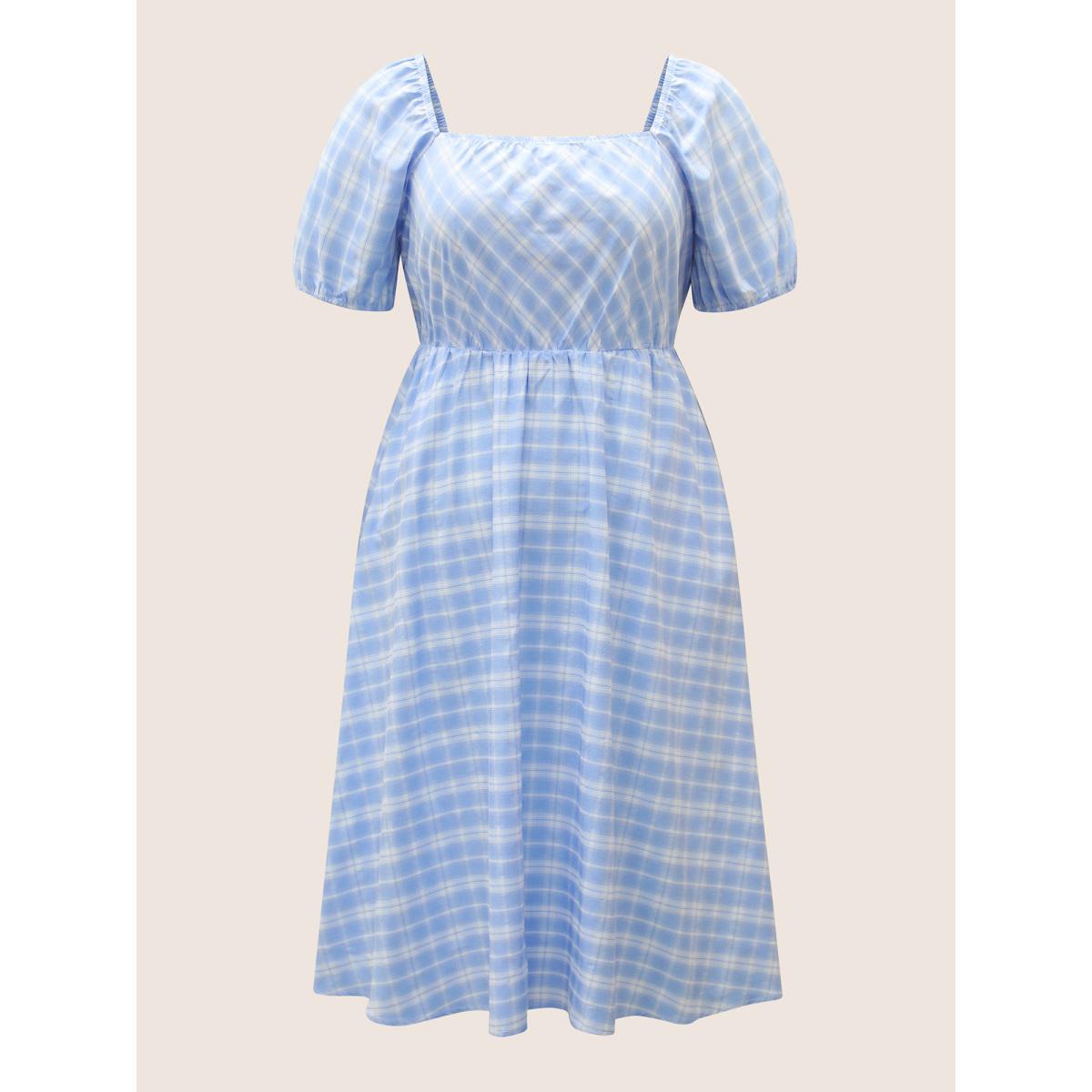 Plus Size Plaid Square Neck Gathered Shirred Dress LightBlue Women Casual Non Square Neck Short sleeve Curvy Midi Dress BloomChic 14-16/1X Product Image