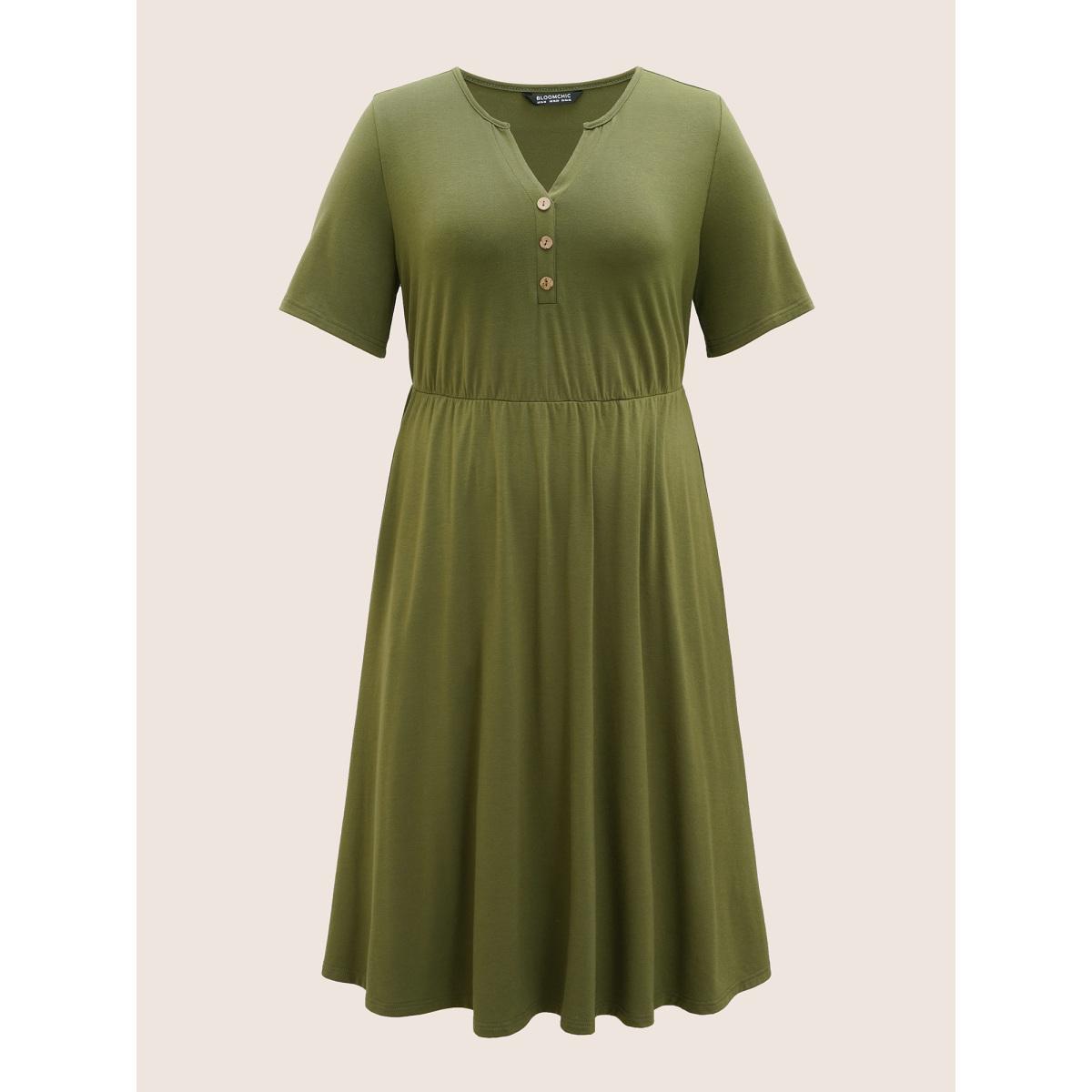 Plus Size Notched Solid Button Detail Midi Dress ArmyGreen Women Basics Button Flat collar with V-notch Short sleeve Curvy BloomChic 10/M Product Image