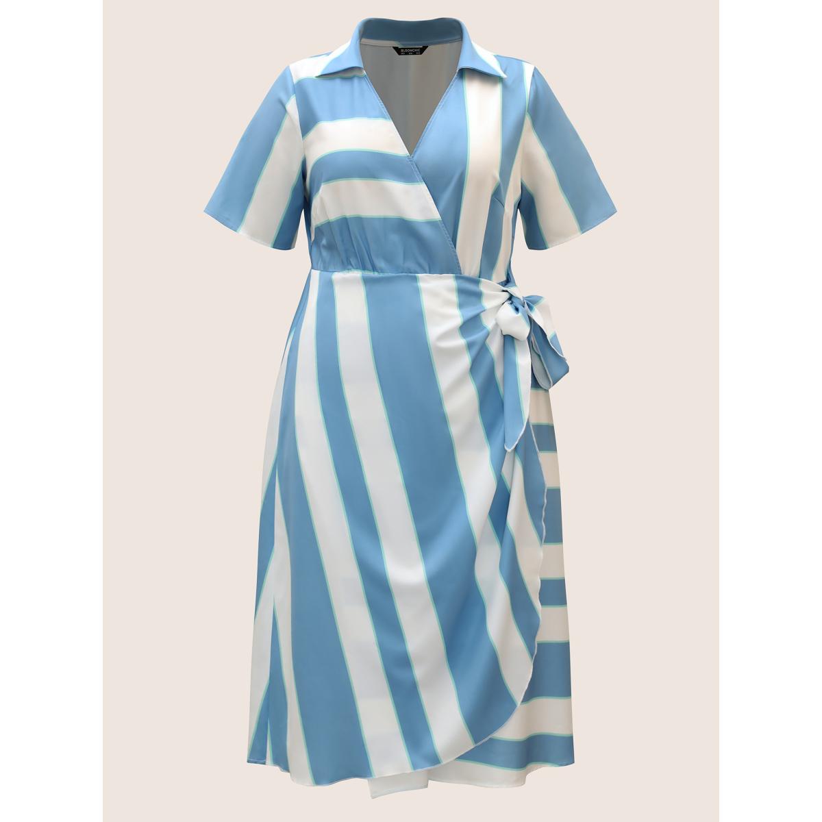 Plus Size Geometric Surplice Neck Tie Knot Midi Dress Stone Women At the Office Tie knot Shirt collar Short sleeve Curvy BloomChic 12/L Product Image