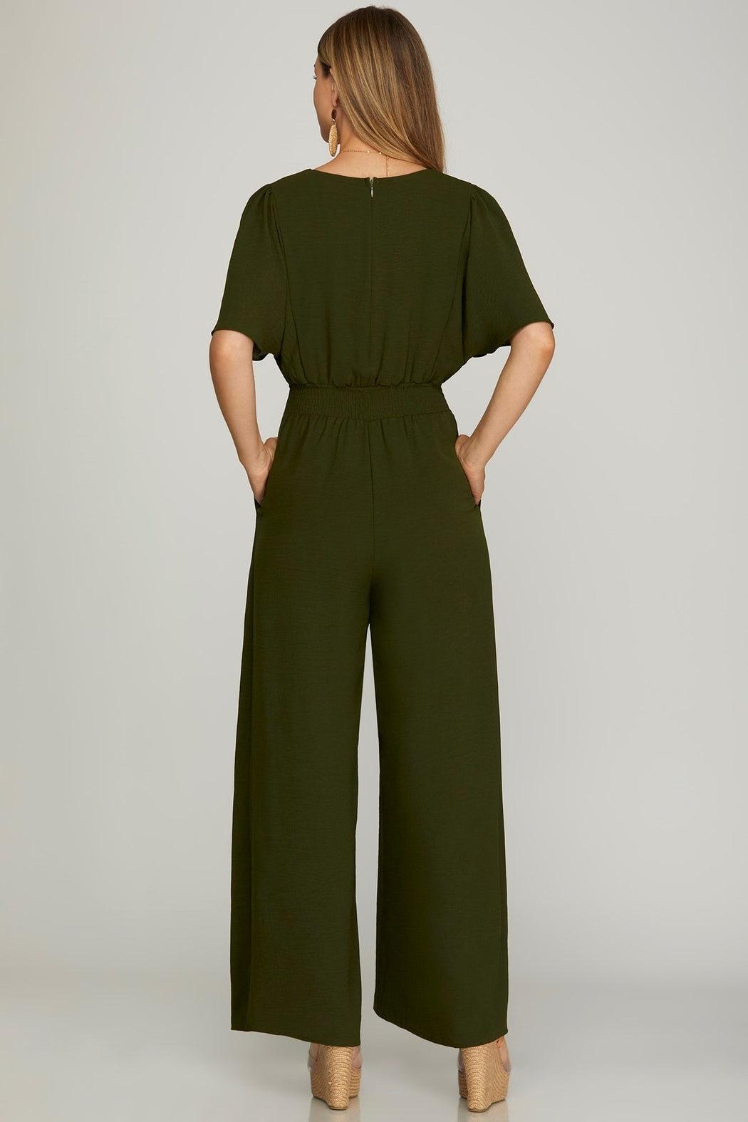 Flounce sleeve smock waist wide leg jumpsuit Product Image