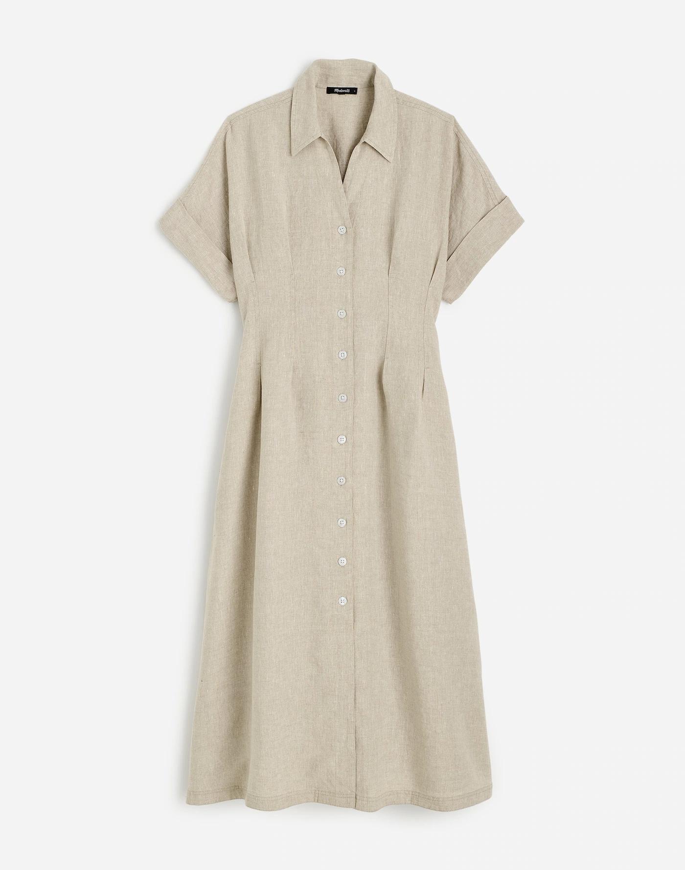 Petite Pleated Button-Front Midi Shirtdress in 100% Linen Product Image