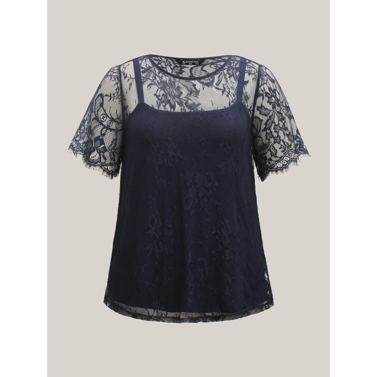 Plus Size Two-Piece Romantic Sheer Lace Lined T-Shirt Indigo Women Romantic See through Round Neck Elegant T-shirts BloomChic 30/6X Product Image