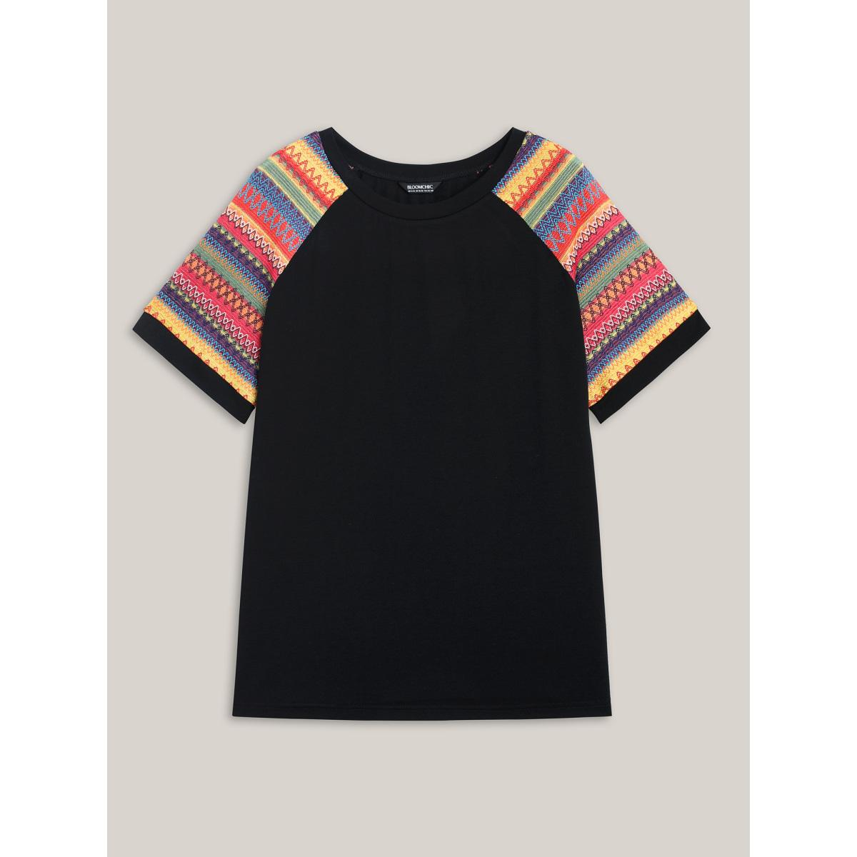 Plus Size Multi-Color Striped Sleeve Spliced T-Shirt Black Women Playful Contrast Round Neck Casual T-shirts BloomChic 30/6X Product Image