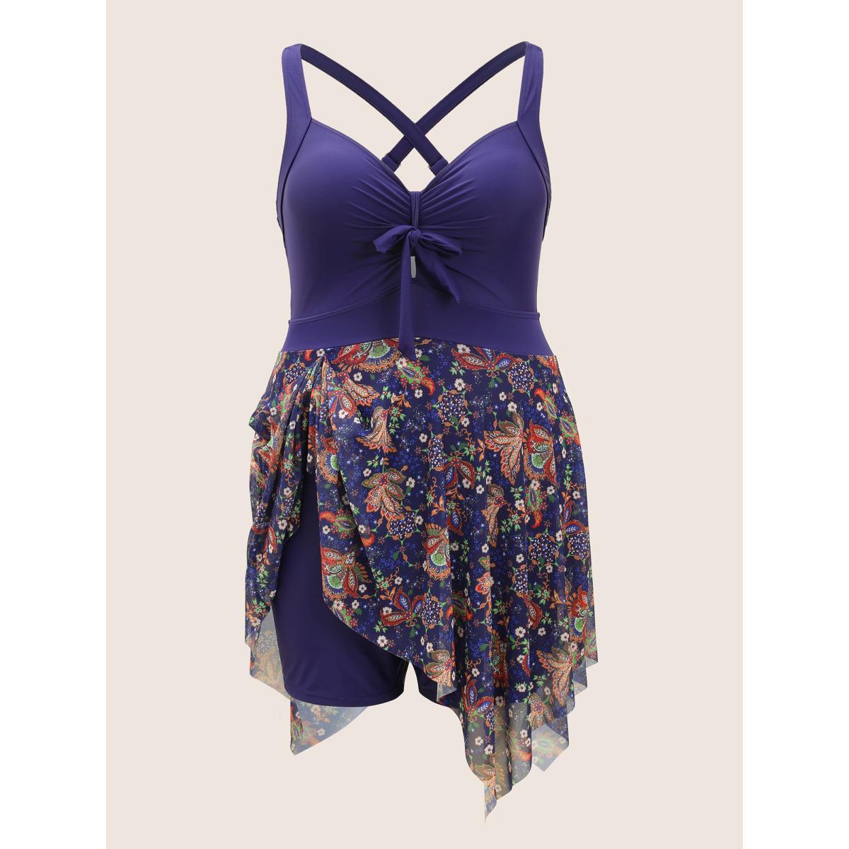 Plus Size Patchwork Ruched Knot Asymmetrical Hem Swim Dress Women's Swimwear Indigo Beach Bodycon Heart neckline High stretch Curve Swim Dresses BloomChic 28/5X Product Image