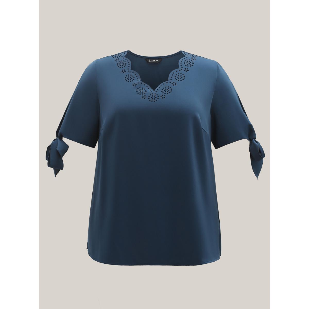 Plus Size Aegean Laser Cut Neckline Knotted Sleeve Blouse Women Short sleeve V-neck Work Blouses BloomChic 22-24/3X Product Image