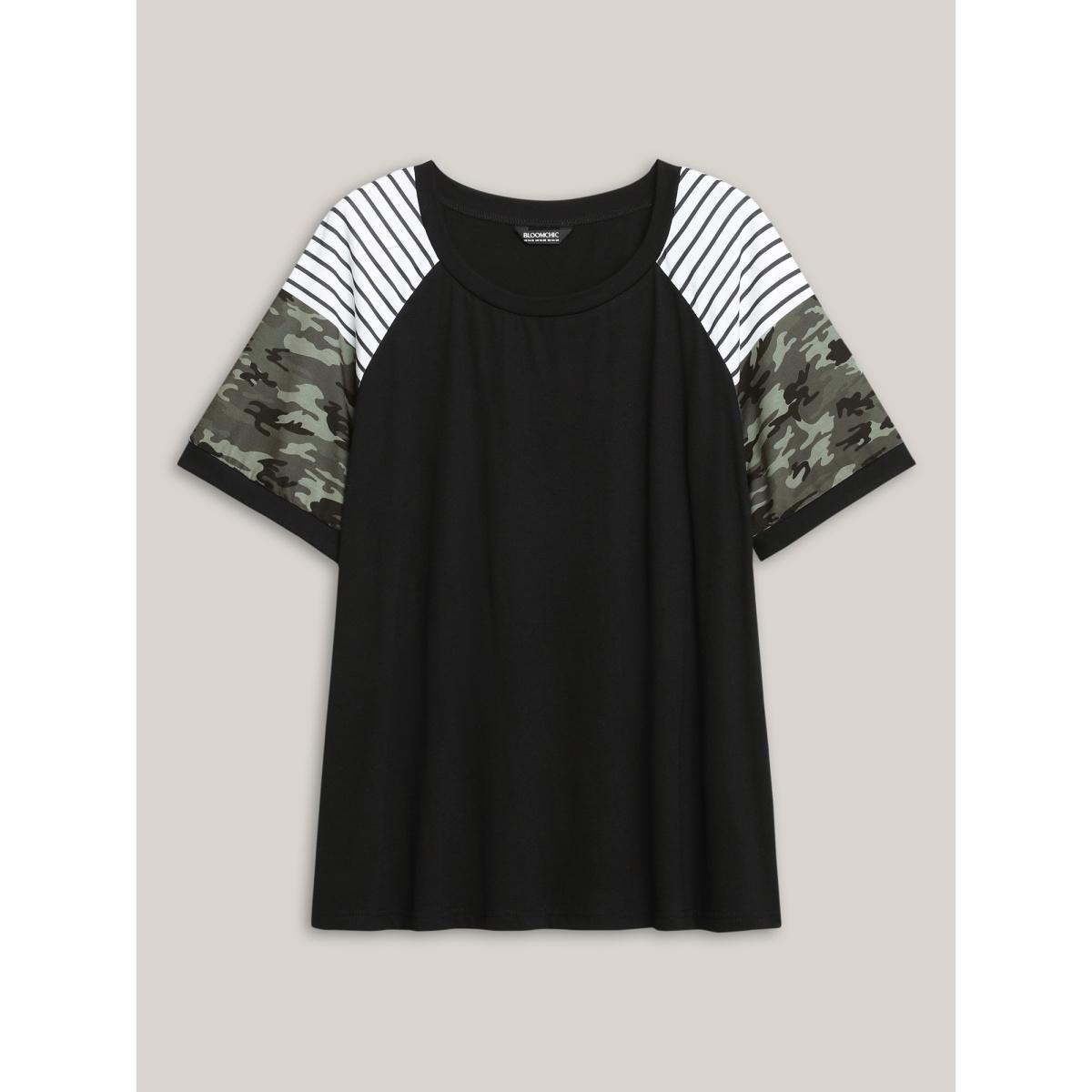 Plus Size Striped Camouflage Print Round Neck T-Shirt Black Women Contrast Round Neck Everyday-Casual T-shirts BloomChic 14-16/1X Product Image