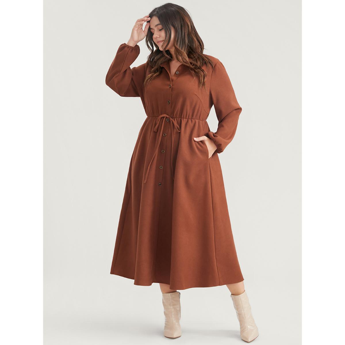 Plus Size Solid Tie Up Shirt Collar Pocket Button Detail Corduroy Dress Chocolate Women Office Button Shirt collar Long Sleeve Curvy Midi Dress BloomChic 10/M Product Image