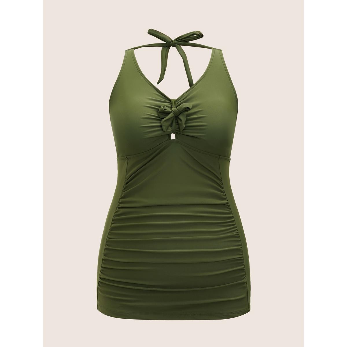 Plus Size Solid V Neck Tie Knot Gathered Swim Top Women's Swimwear Moss Beach Tie knot High stretch Skinny V-neck Curve Swim Tops BloomChic 22-24/3X Product Image