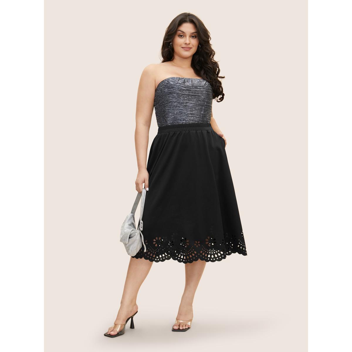 Plus Size Laser Cut Elastic Waist Pocket Skirt Women Black Formal Cut-Out Medium stretch Side seam pocket Party Skirts BloomChic 12/L Product Image