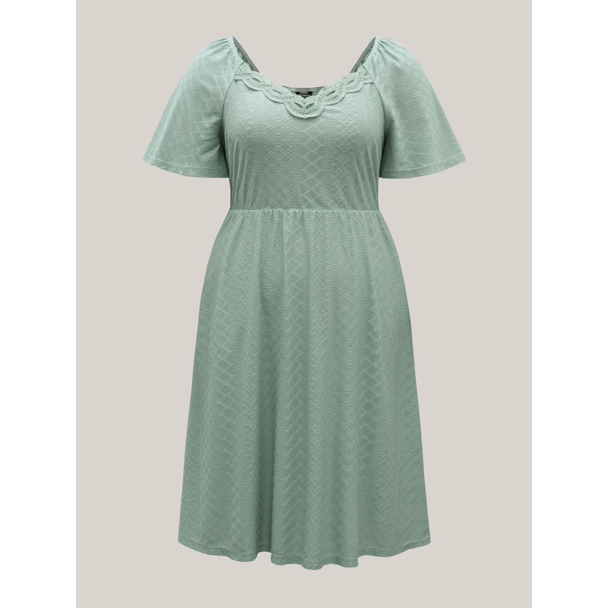 Plus Size Textured Knit Sweetheart Neckline Midi Dress Sage Women Casual Woven ribbon&lace trim Heart neckline Short sleeve Curvy BloomChic 18-20/2X Product Image