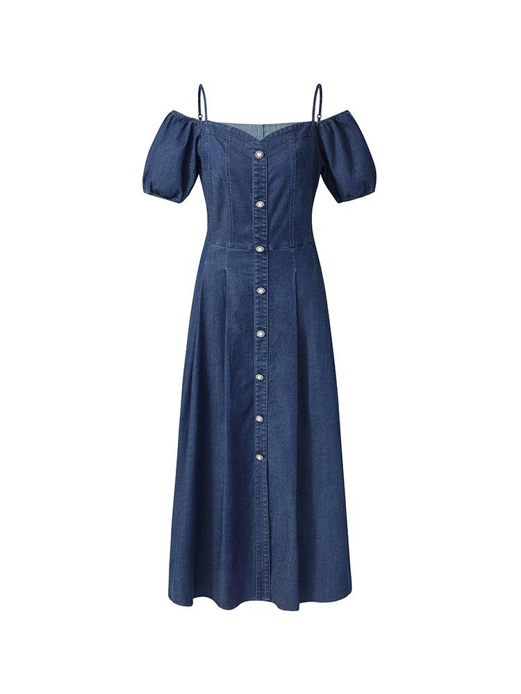 Lyocell Denim Gathered Waist Stretch Women Midi Dress Product Image