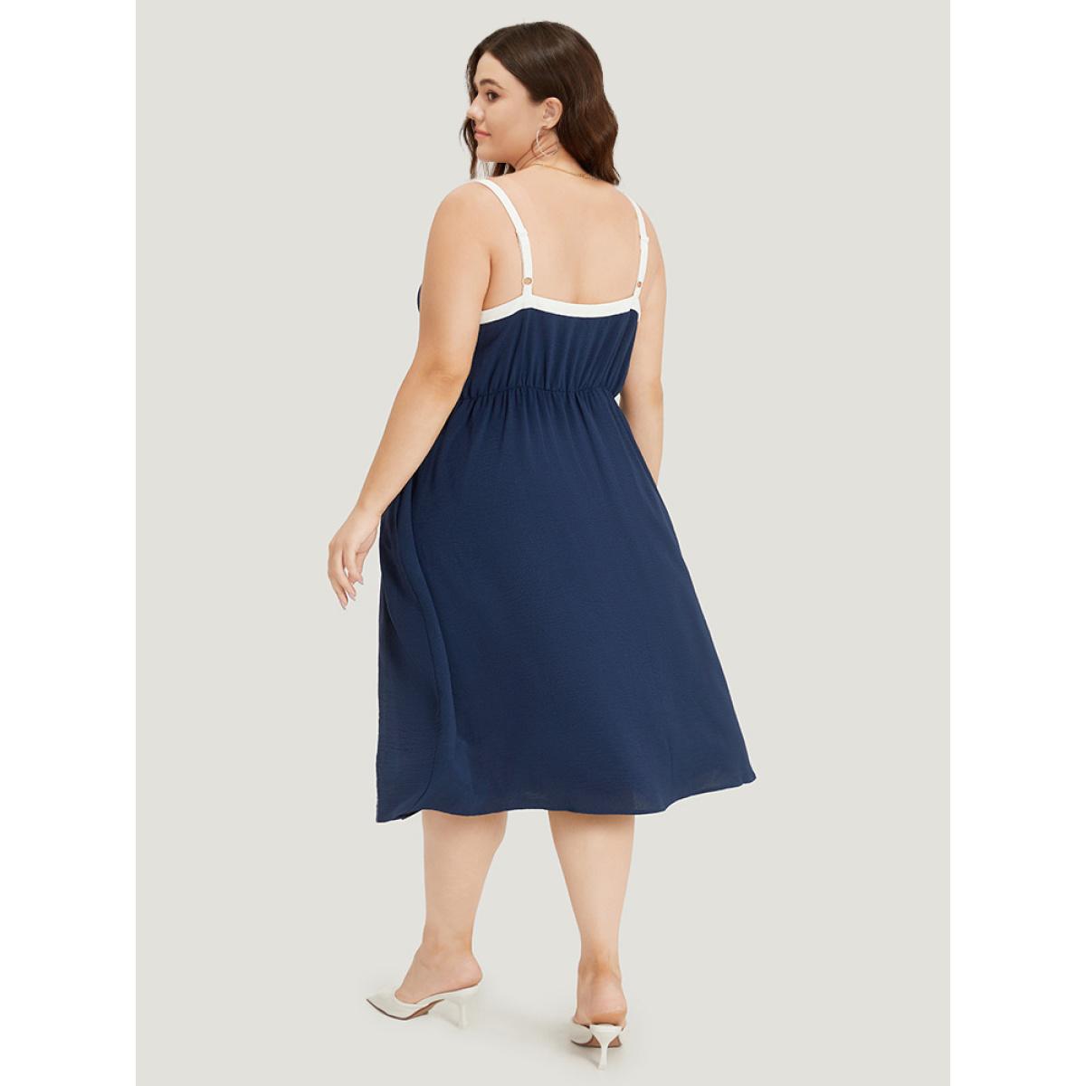 Plus Size Contrast Trim Pocket Button Detail Gathered Cami Dress Indigo Women Office Adjustable Straps Spaghetti Strap Sleeveless Curvy Midi Dress BloomChic 18-20/2X Product Image