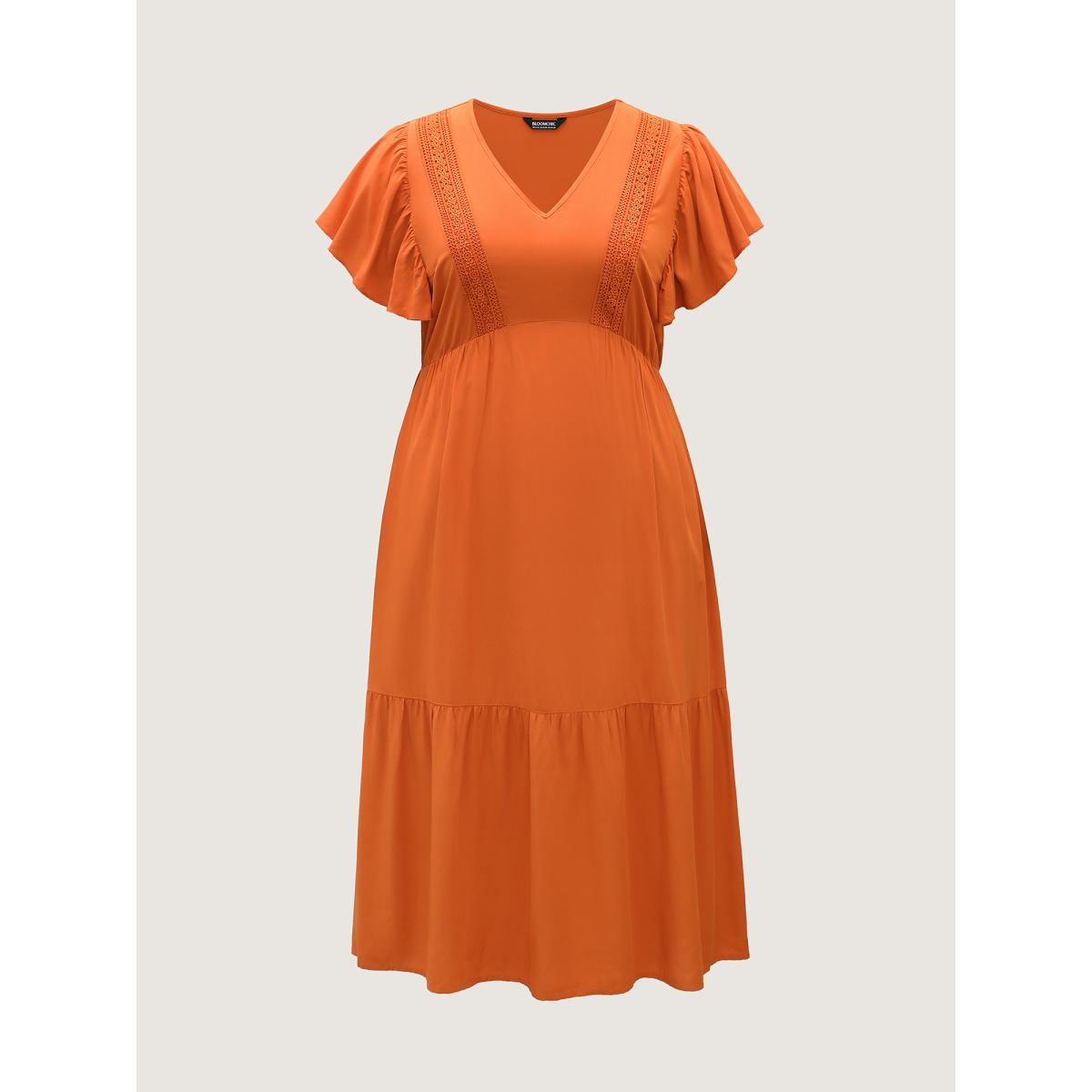 Plus Size Rayon Stretchy Waist Lace Midi Dress OrangeRed Women Boho V-neck Short sleeve Curvy BloomChic 12/L Product Image