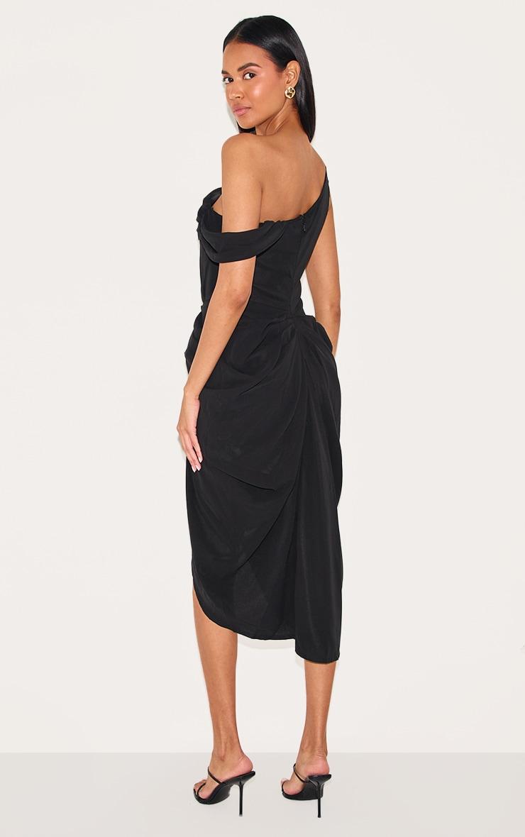 Black Chiffon Asymmetric Strap Draped Midi Dress Product Image