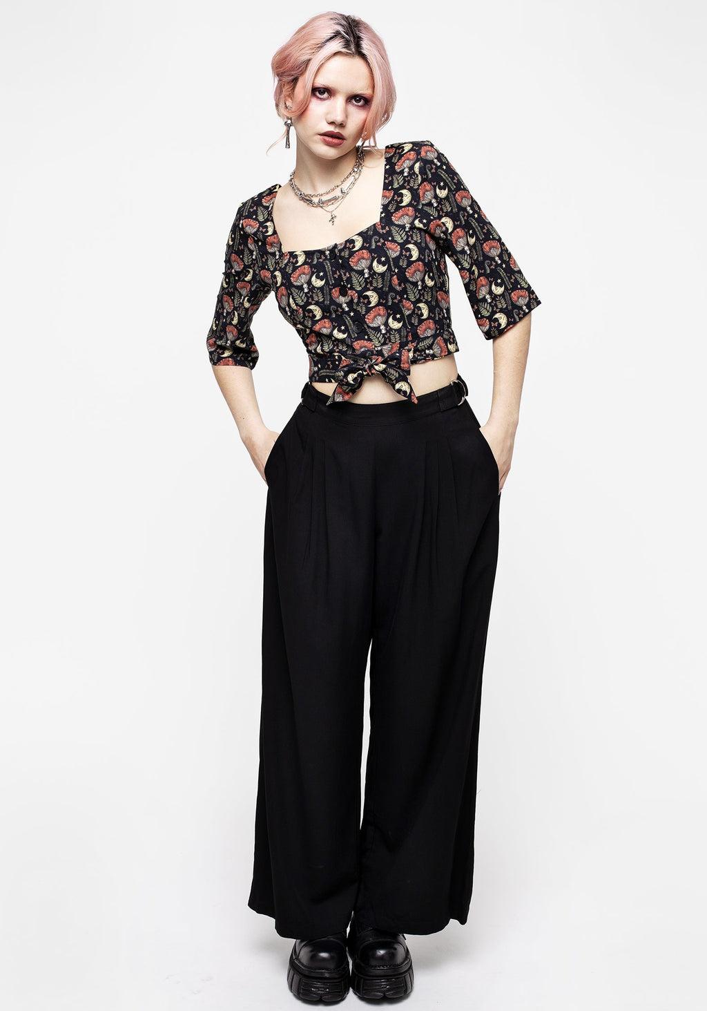 Dreamfast Mushroom Moon Print Button Up Tie Crop Top Product Image