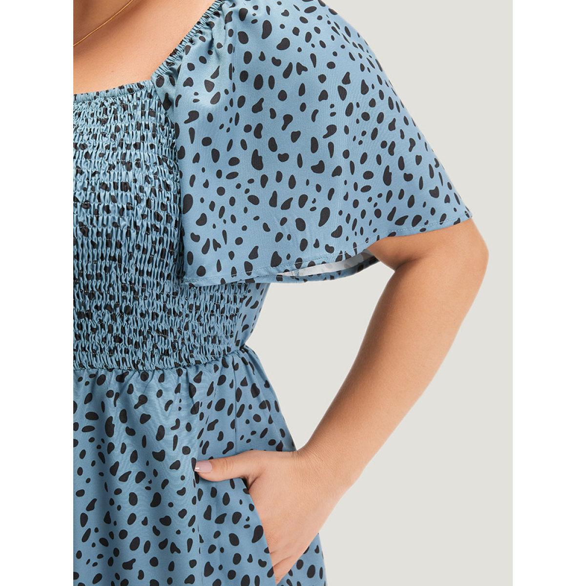 Plus Size DarkBlue Leopard Print Square Neck Shirred Flutter Sleeve Jumpsuit Women Elegant Short sleeve Square Neck Dailywear Loose Jumpsuits BloomChic 12/L Product Image