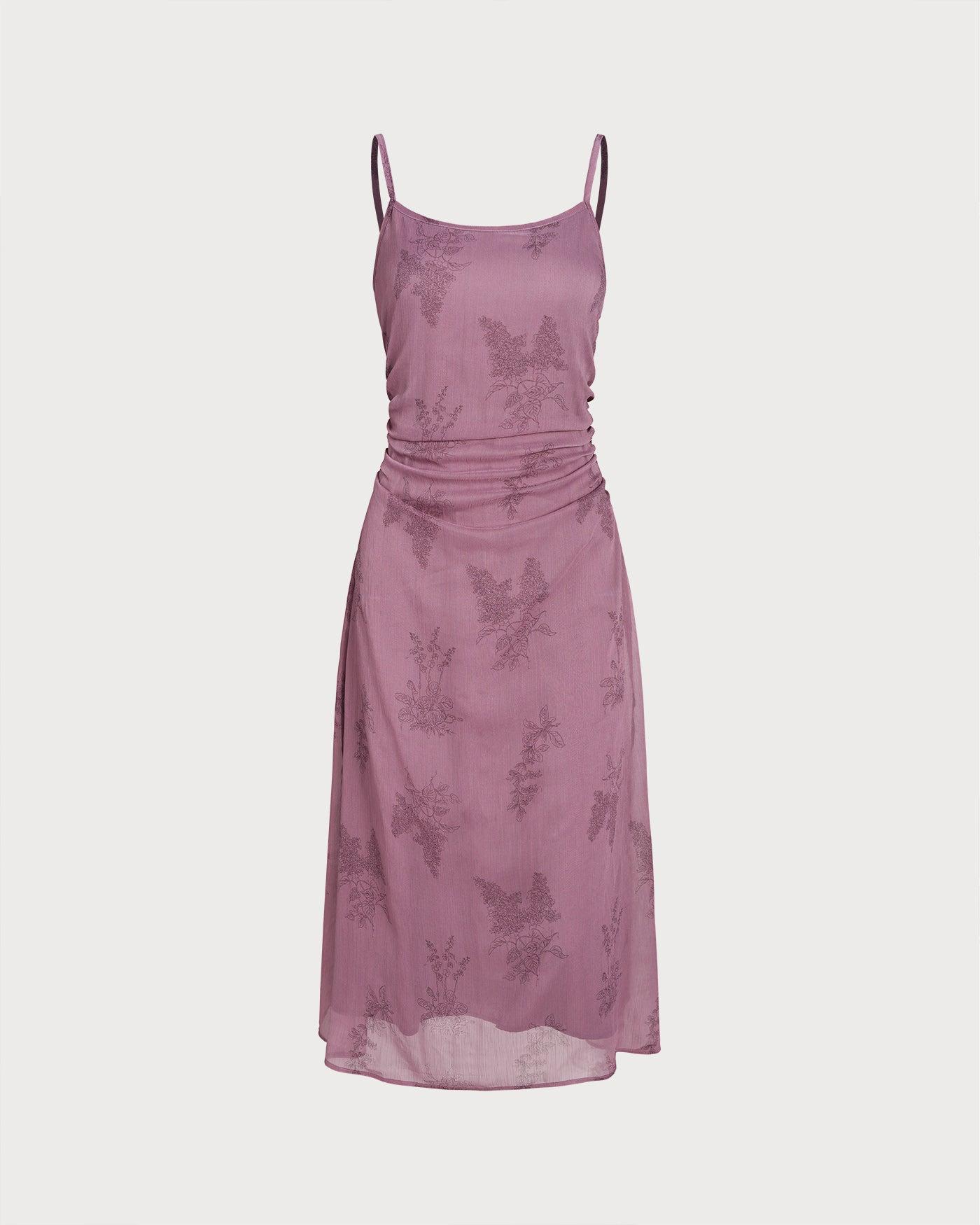 Purple Floral Ruched Slip Midi Dress Product Image