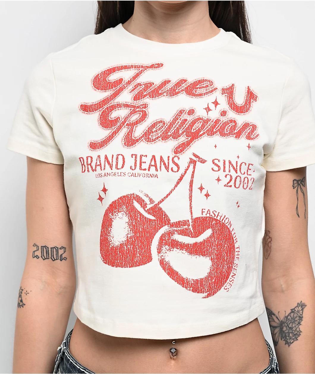 True Religion Vintage Cherry Logo Winter White Crop T-Shirt Product Image