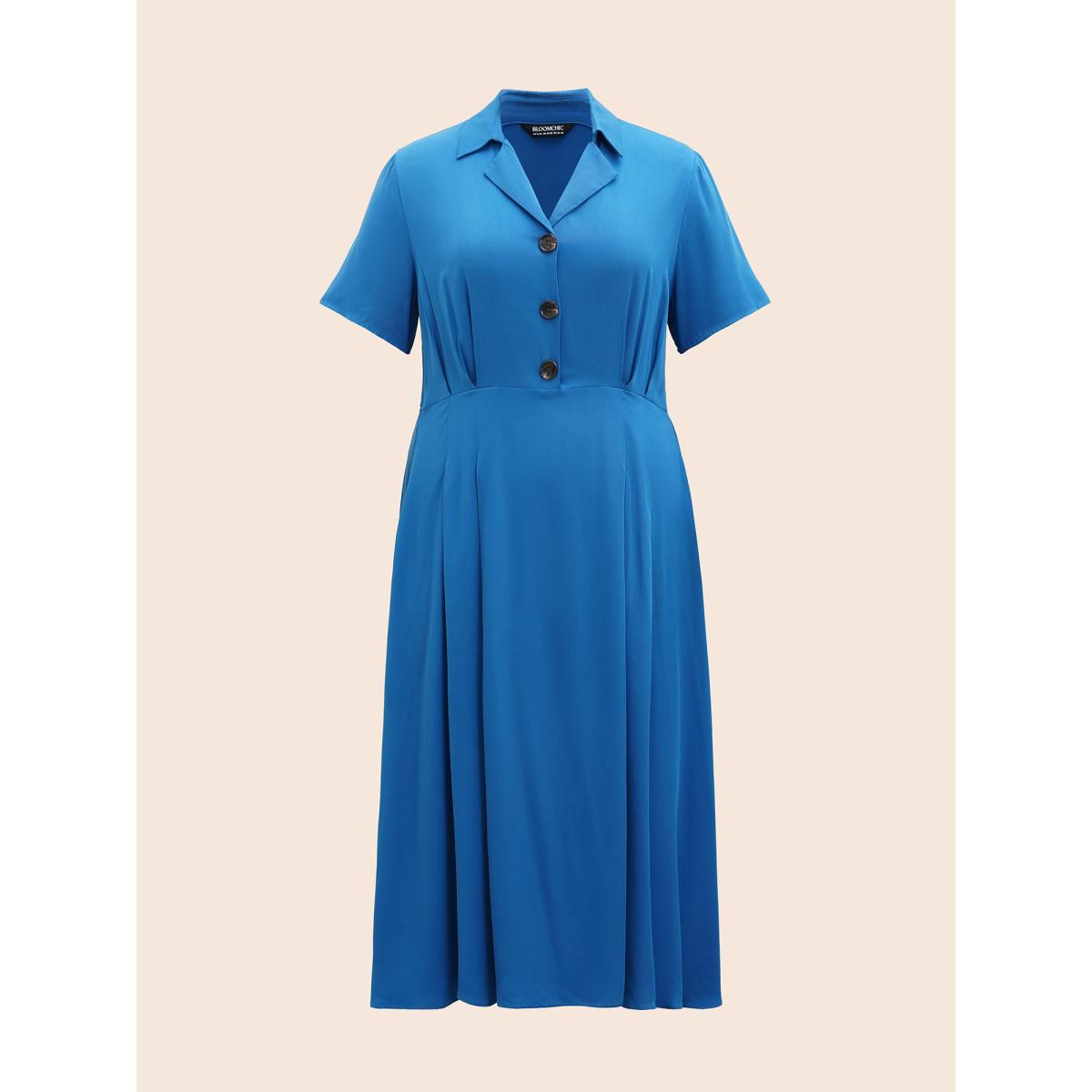Plus Size Plain Shirt Collar Pleated Midi Dress Mediumblue Women At the Office Pleated Shirt collar Short sleeve Curvy BloomChic 10/M Product Image