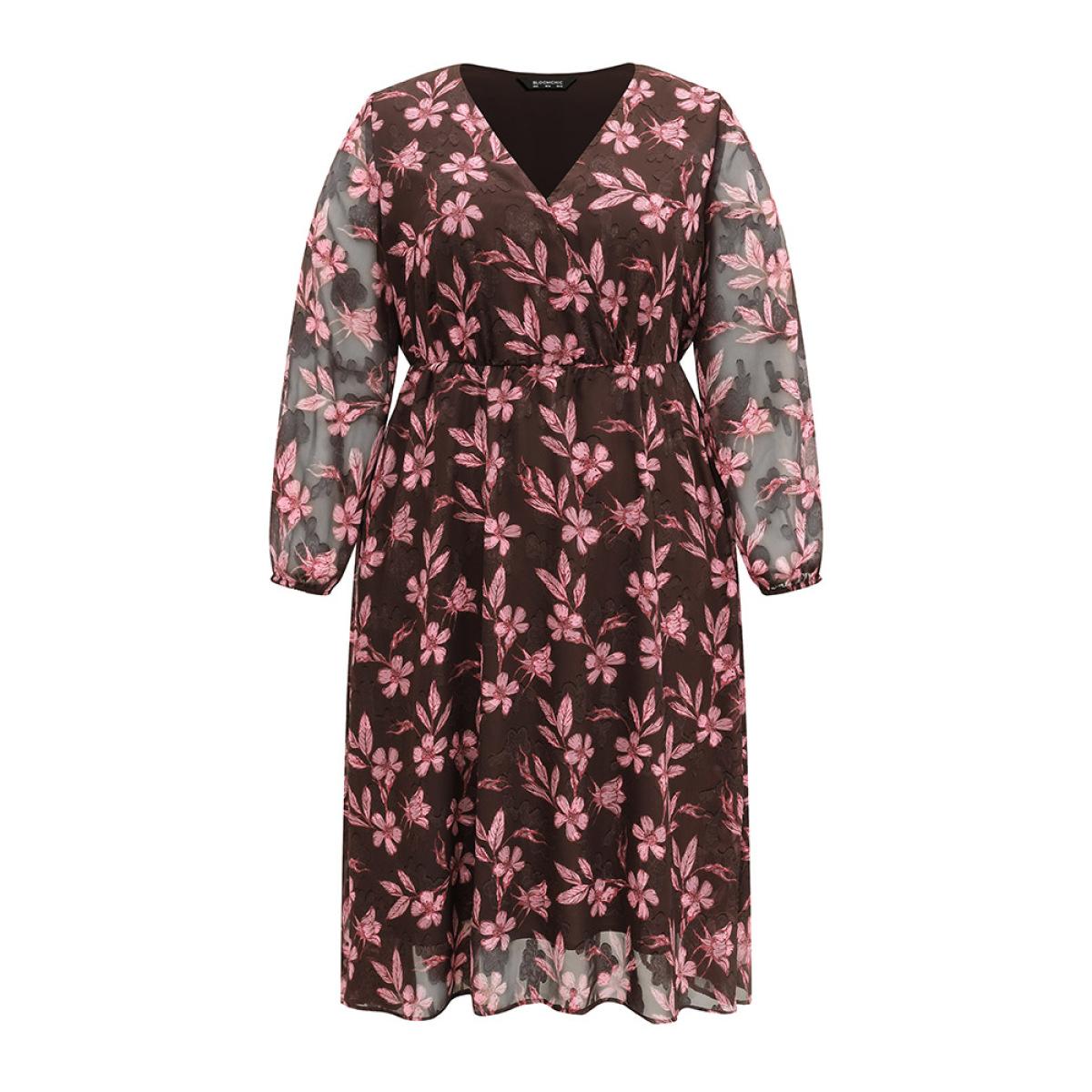 Plus Size Floral Mesh Patchwork Lantern Sleeve Wrap Dress DarkBrown Women Elegant Elastic cuffs Overlap Collar Long Sleeve Curvy Midi Dress BloomChic 12/L Product Image