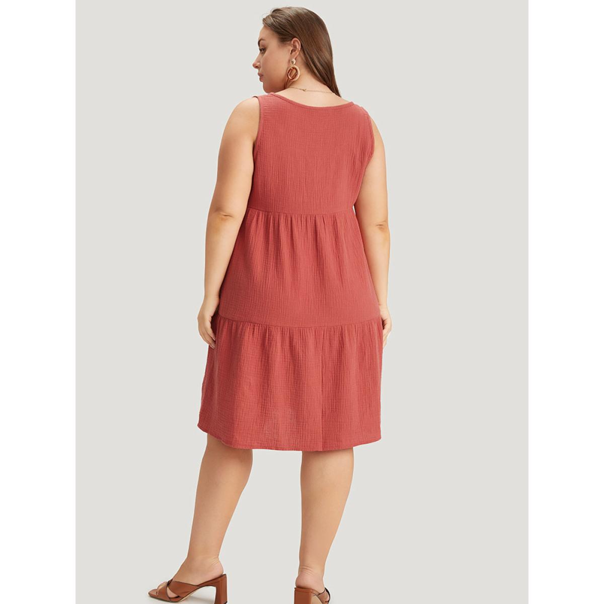Plus Size Solid Button Detail Layered Hem Tank Dress Rust Women Vacation Button Round Neck Sleeveless Curvy Knee Dress BloomChic 12/L Product Image