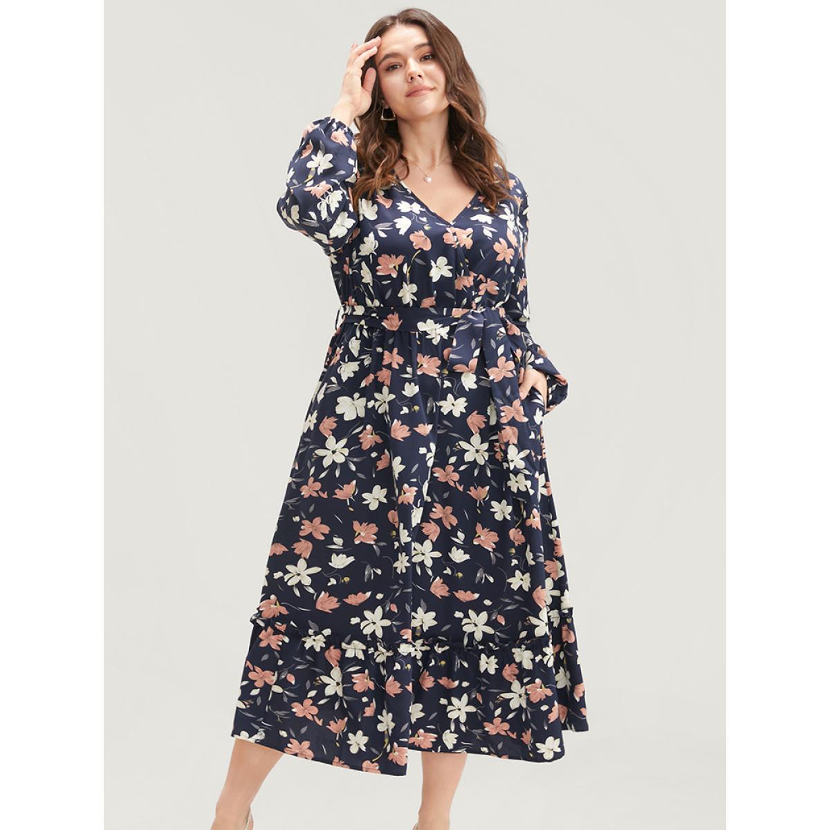 Plus Size Floral Printed Lantern Sleeve Pocket Belted Surplice Neck Dress DarkBlue Women Elegant Pocket V-neck Long Sleeve Curvy Midi Dress BloomChic 30/6X Product Image
