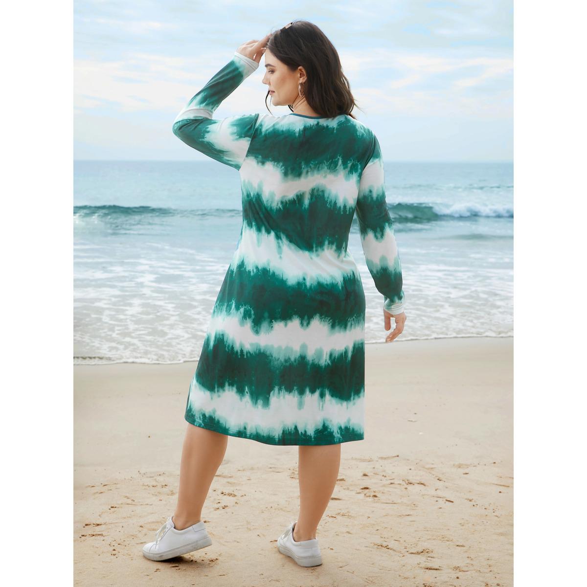 Plus Size Tie-Dye Round Neck Midi Knit Dress Teal Women Casual Non Knit Dresses Bloomchic 28/5X Product Image