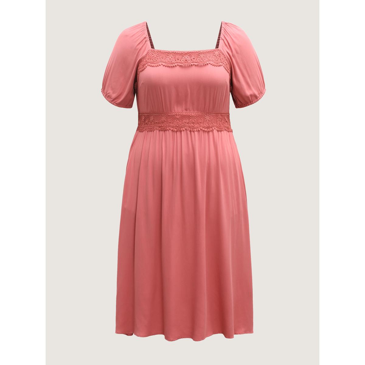Plus Size Lace Trim Stretchy Waist Pockets Midi Dress Rouge Women Square Neck Short sleeve Curvy BloomChic 22-24/3X Product Image