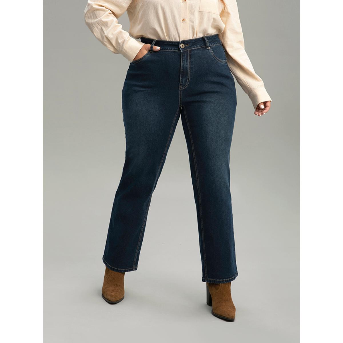 Plus Size Zipper Fly Straight Leg High Rise Jeans Women Indigo Casual Plain Plain High stretch Pocket Jeans BloomChic 20/2X Product Image