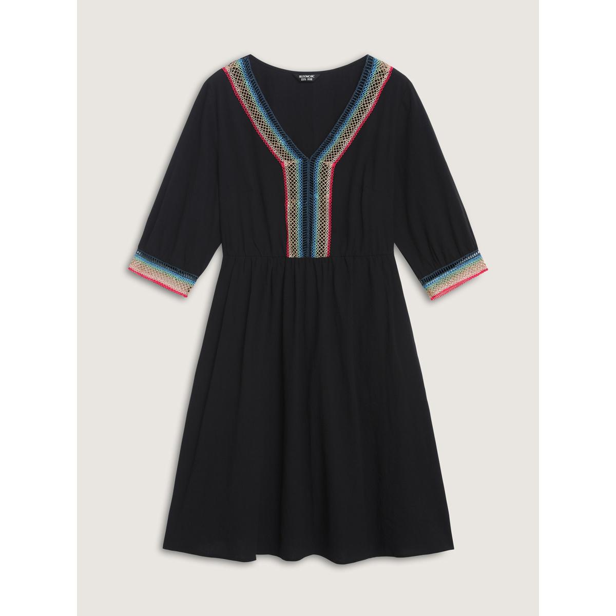 Plus Size Pure Cotton Colorful Lace Midi Dress Black Women V-neck Elbow-length sleeve Curvy BloomChic 10/M Product Image