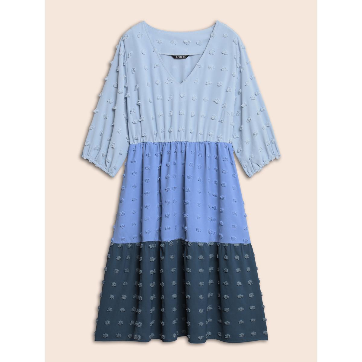 Plus Size Textured Colorblock Contrast Lantern Sleeve Dress LightBlue Women Elegant Texture V-neck Elbow-length sleeve Curvy BloomChic 22-24/3X Product Image