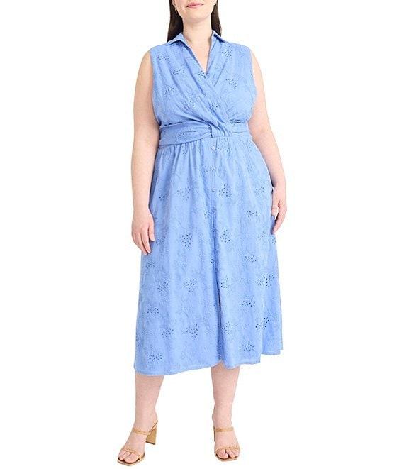 Maggy London Plus Size Sleeveless V-Neck Collar Shirt Midi Dress Product Image