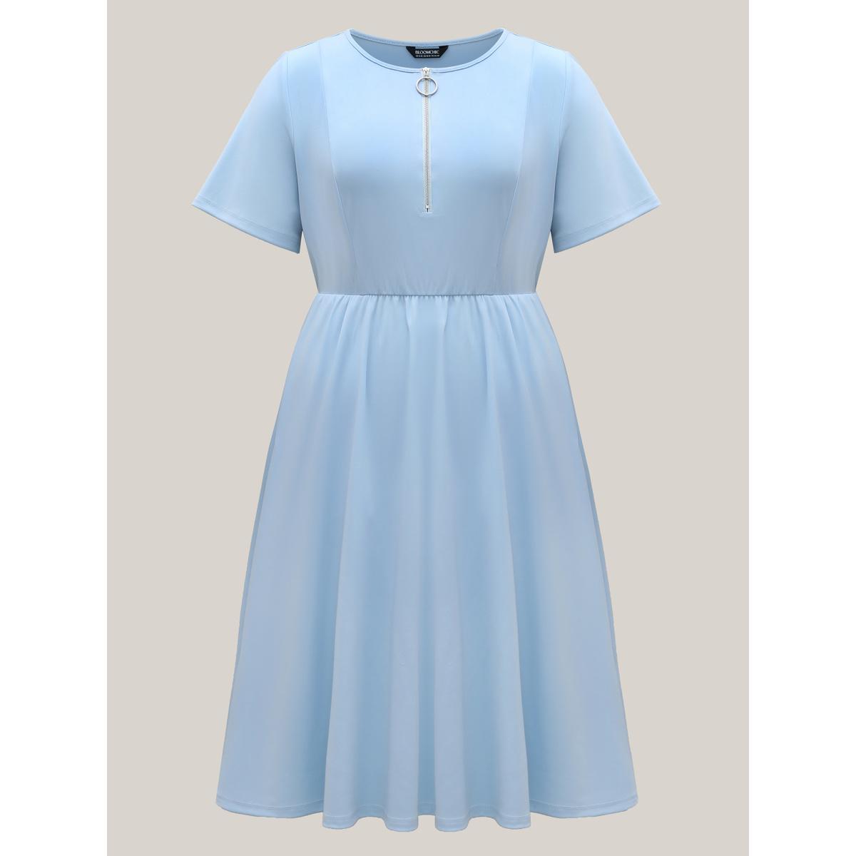 Plus Size Zipper Stretchy Cinched-Waist Pockets Midi Dress LightBlue Women Round Neck Short sleeve Curvy BloomChic 22-24/3X Product Image