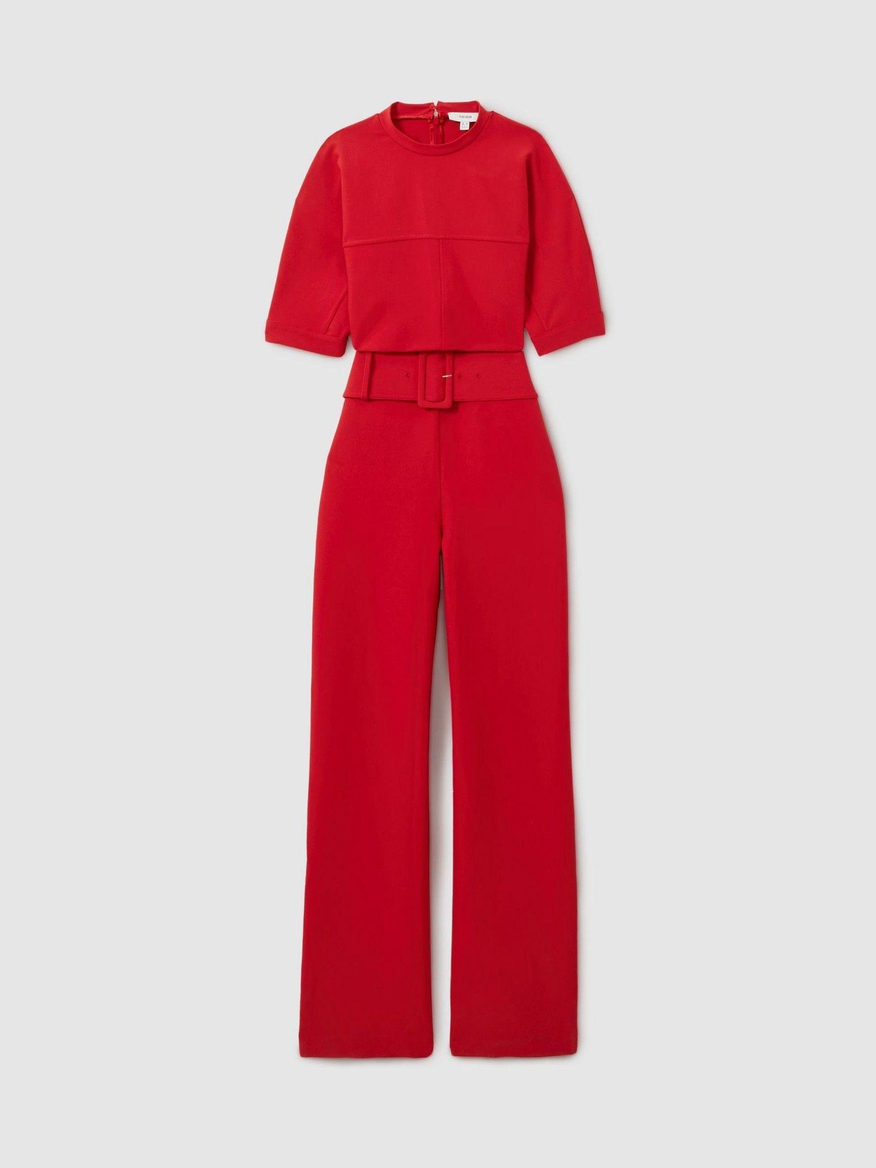 Wide Leg Belted Jumpsuit in Red Product Image
