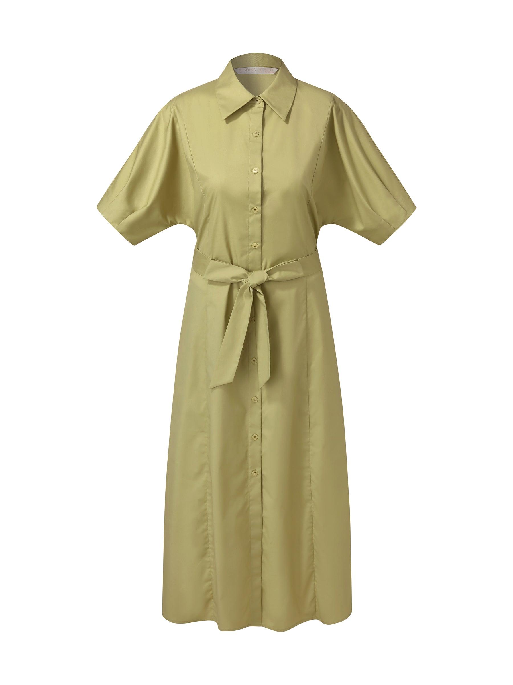 Gathered Waist Stretch Women Maxi Shirt Dress With Belt Product Image