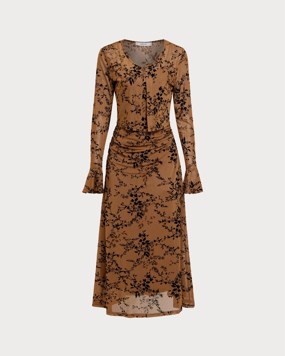 Brown Floral Two-piece Midi Dress Product Image