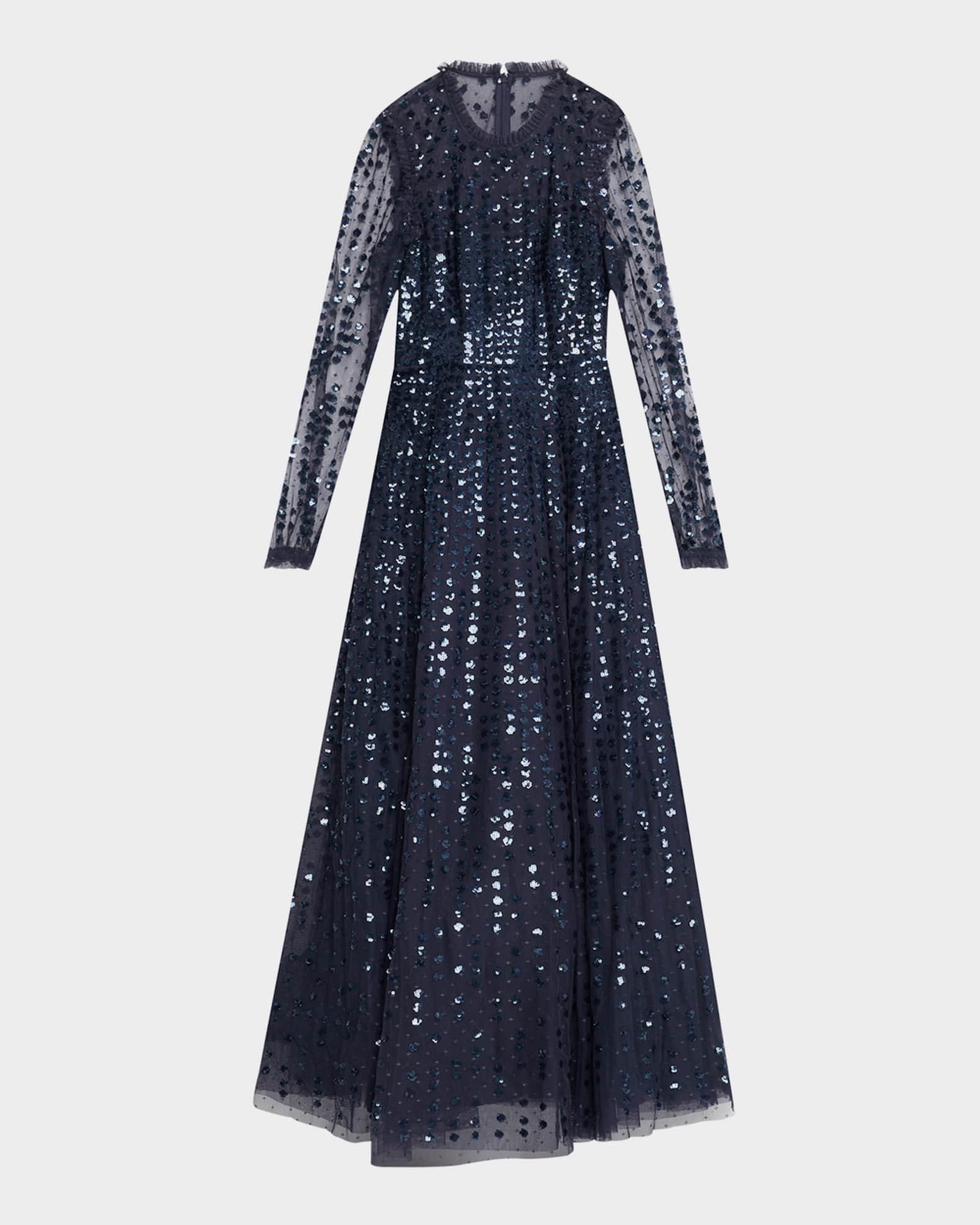 Raindrop Sheer-Sleeve Sequin Ankle Gown Product Image