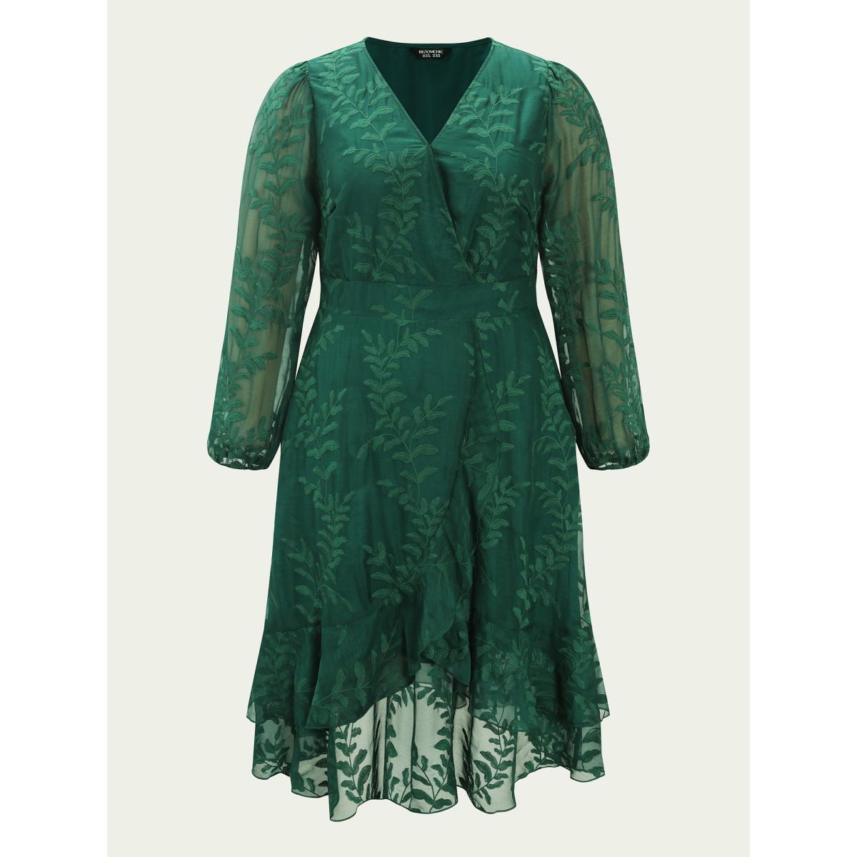 Plus Size Floral Embroidered Layered Hem Midi Dress DarkGreen Women Timeless Overlapping Overlap Collar Extra Long Sleeve Curvy BloomChic 12/L Product Image