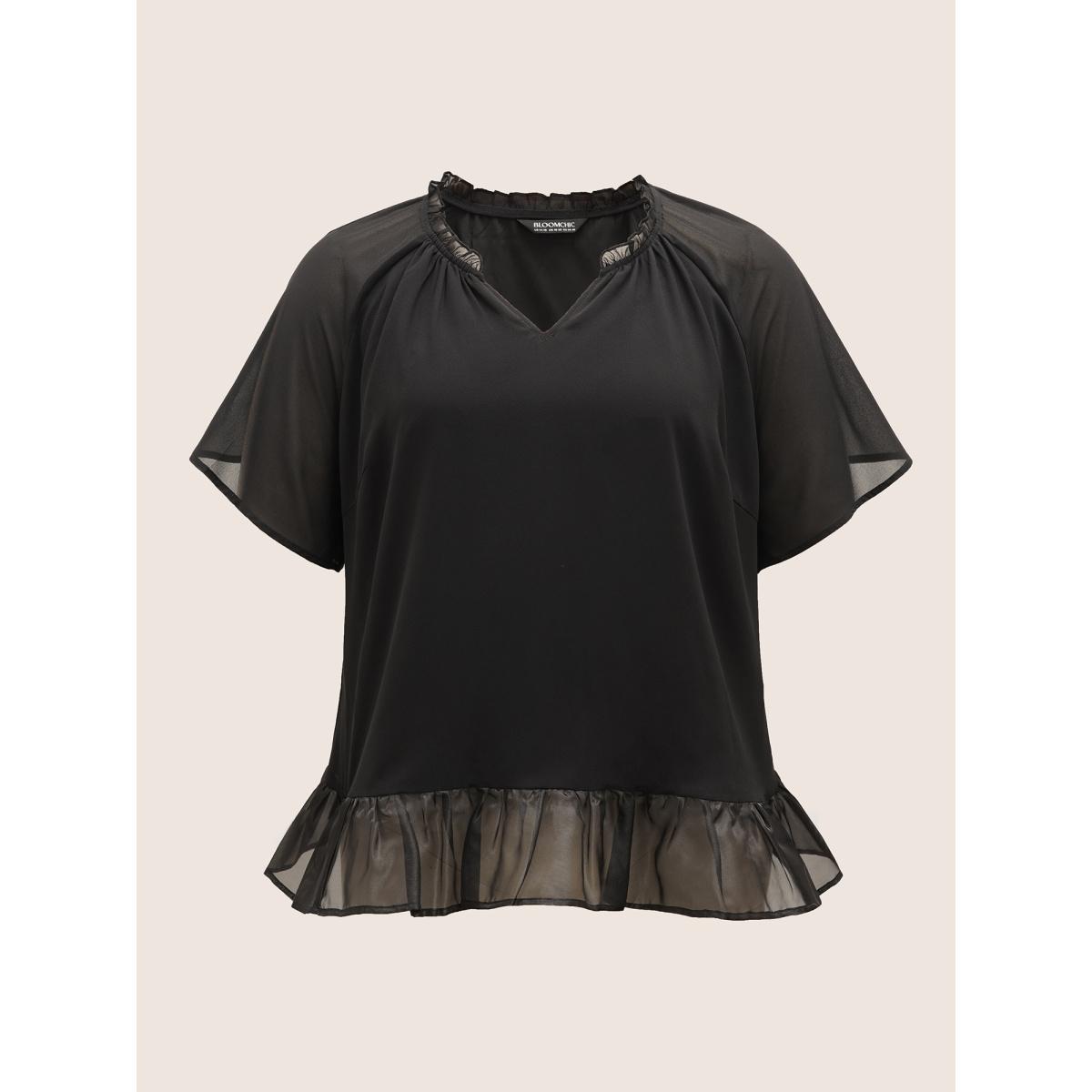Plus Size Black V Neck Meah Patchwork Ruffle Trim Blouse Women Elegant Short sleeve V-neck Everyday Blouses BloomChic 14-16/1X Product Image